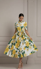 Solange | Vestido Midi Floral Rosa e Amarelo com Cinto