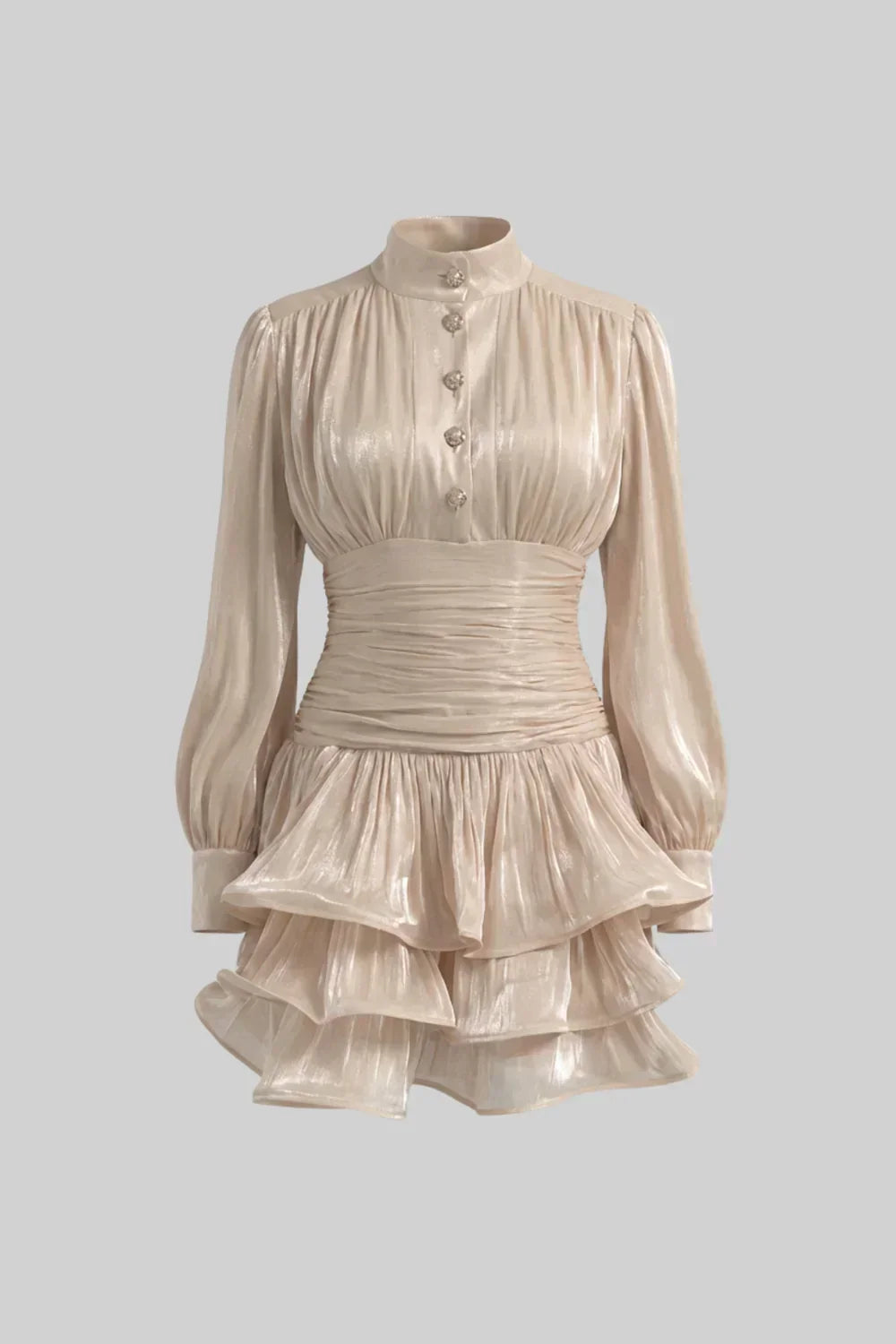 Champagne | Vestido Curto em Cetim Perolado com Babados em Camadas