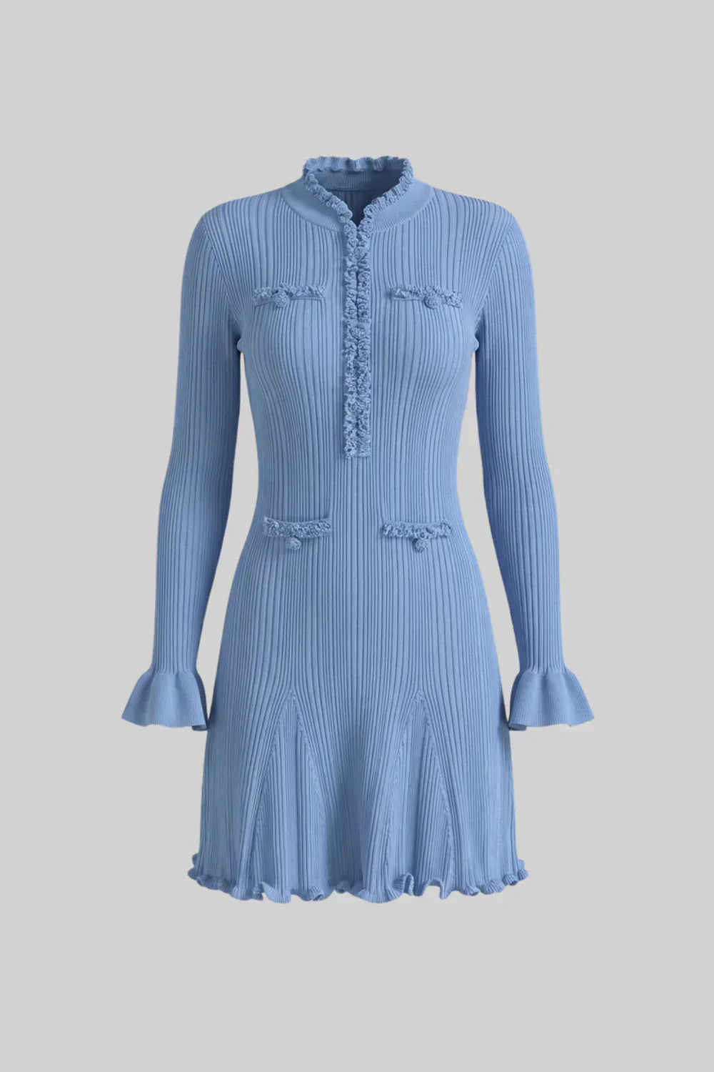 Yasmin | Vestido Curto Azul em Malha com Manga Sino e Pedraria