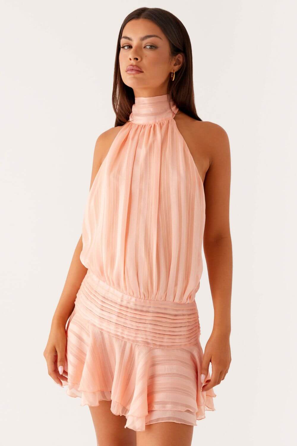 Solange | Vestido Curto em Listras Amarelo Claro com Halter e Costas Abertas