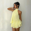 Lina | Macaquinho Curto em Chiffon com Camadas e Gola Halter