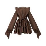 Taína | Vestido Curto Chocolate em Camadas com Manga Volumosa e Cinto