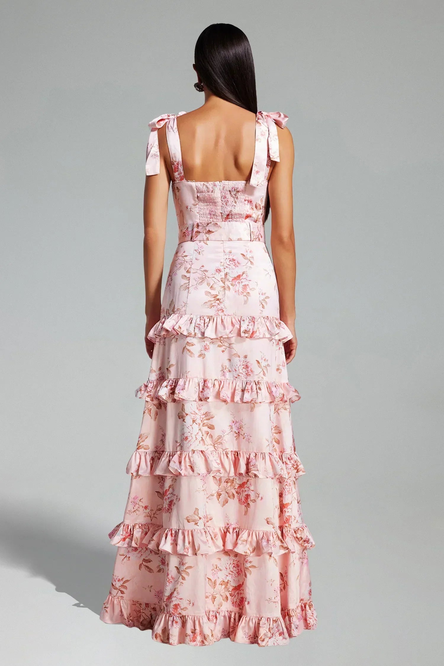 Catarina | Vestido Longo Floral Rosa com Saia Plissada e Decote Quadrado