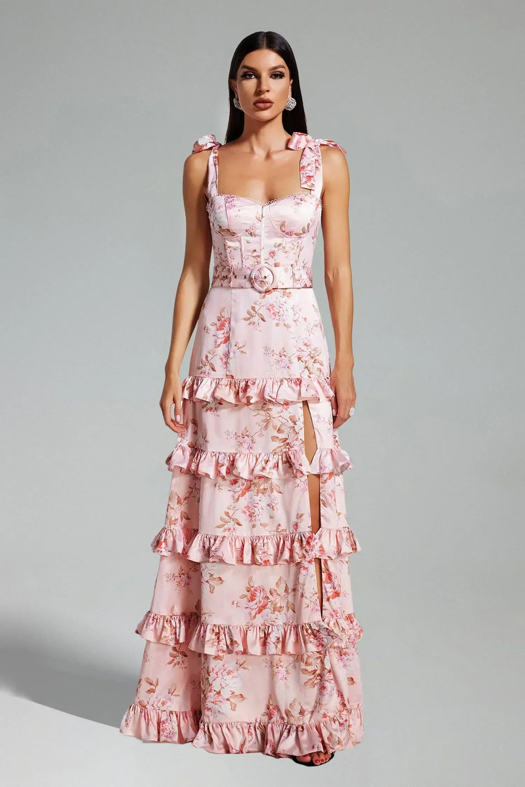 Catarina | Vestido Longo Floral Rosa com Saia Plissada e Decote Quadrado