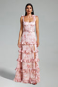 Catarina | Vestido Longo Floral Rosa com Saia Plissada e Decote Quadrado