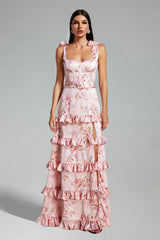 Catarina | Vestido Longo Floral Rosa com Saia Plissada e Decote Quadrado