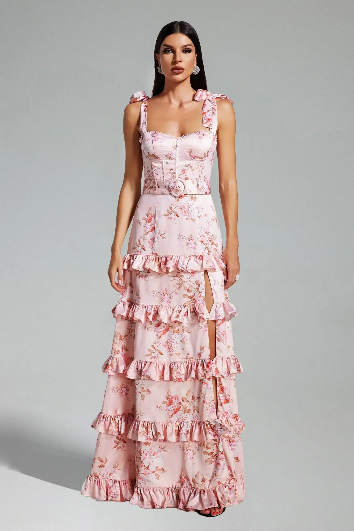 Catarina | Vestido Longo Floral Rosa com Saia Plissada e Decote Quadrado