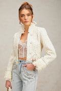 Margot | Casaco Curto em Tweed Branco com Pérolas e Pedrarias