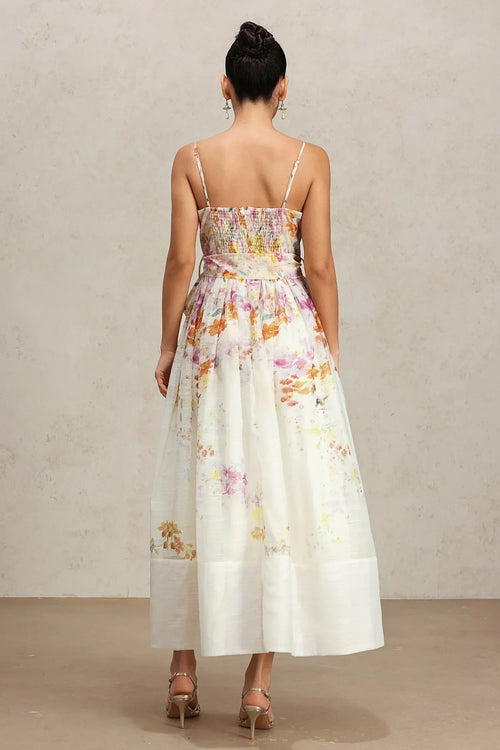 Amélia | Vestido Midi Retrô Floral com Corpete, Laço e Saia em Tule