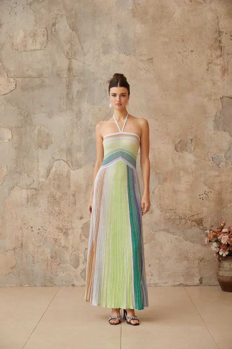 Aurora | Vestido Longo em Blocos de Cor Verde, Branco e Nude