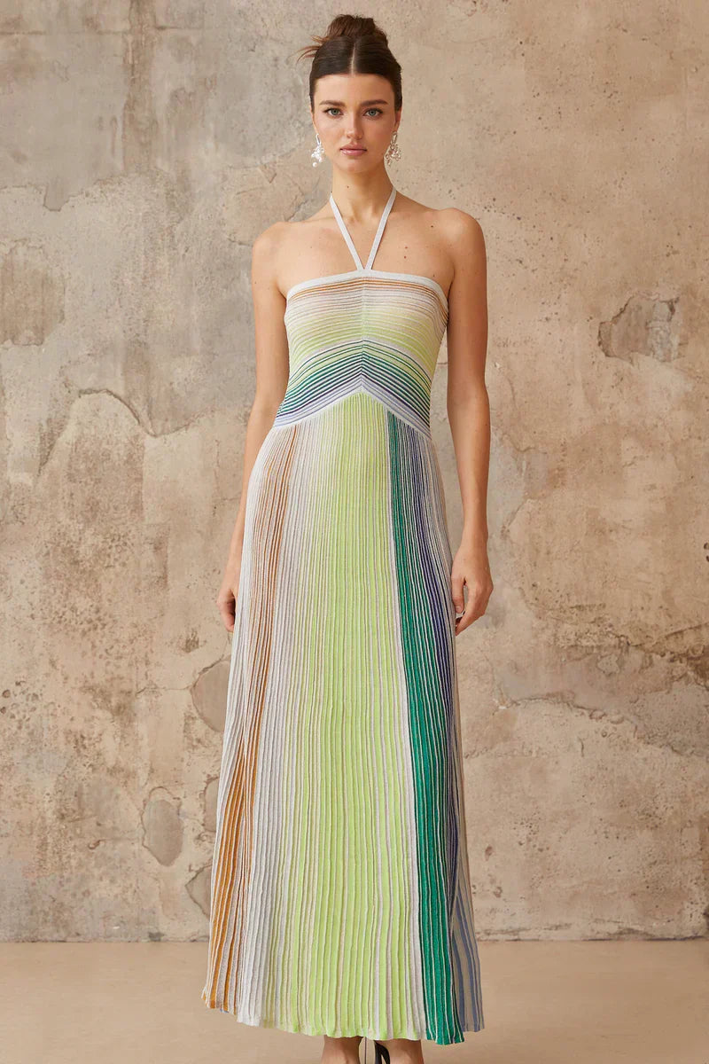 Aurora | Vestido Longo em Blocos de Cor Verde, Branco e Nude