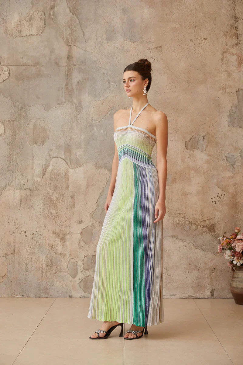 Aurora | Vestido Longo em Blocos de Cor Verde, Branco e Nude
