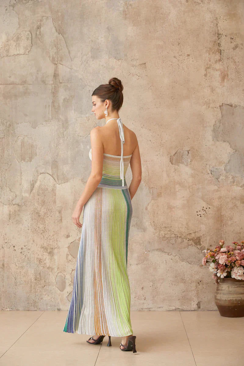 Aurora | Vestido Longo em Blocos de Cor Verde, Branco e Nude