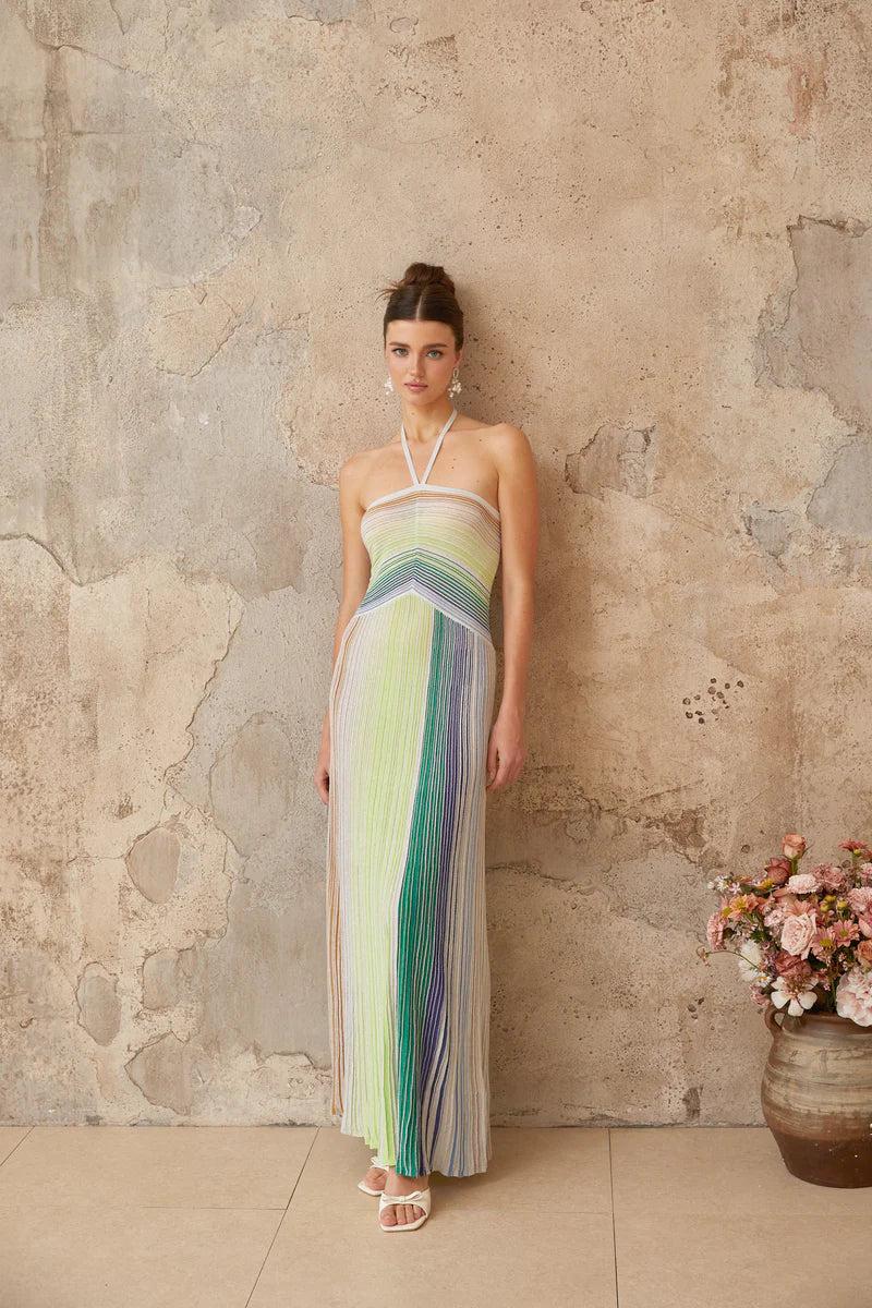 Aurora | Vestido Longo em Blocos de Cor Verde, Branco e Nude