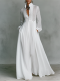 Aurora | Vestido Longo Branco com Decote em V, Manga Longa e Saia Ampla