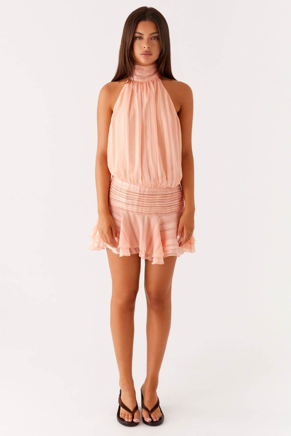 Solange | Vestido Curto em Listras Amarelo Claro com Halter e Costas Abertas