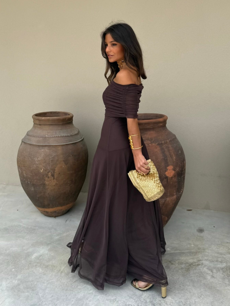 Tamara | Vestido Longo com Franzido, Alças Finas e Saia Fluida