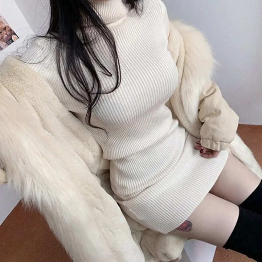 VESTIDO GOLA ALTA CANELADO DE MANGA LONGA