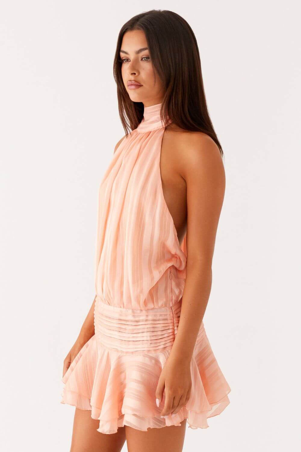 Solange | Vestido Curto em Listras Amarelo Claro com Halter e Costas Abertas