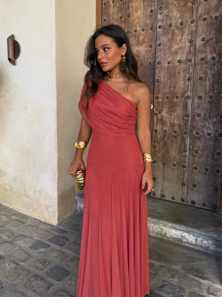Tamara | Vestido Longo com Franzido, Alças Finas e Saia Fluida