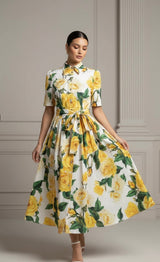 Solange | Vestido Midi Floral Rosa e Amarelo com Cinto