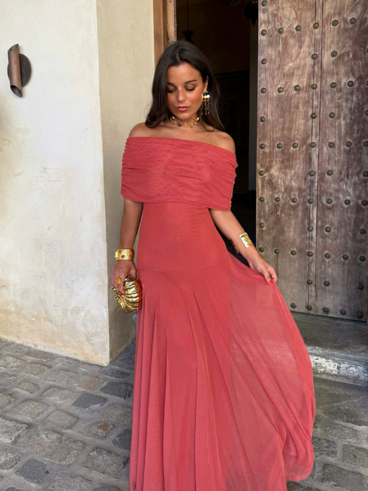 Tamara | Vestido Longo com Franzido, Alças Finas e Saia Fluida