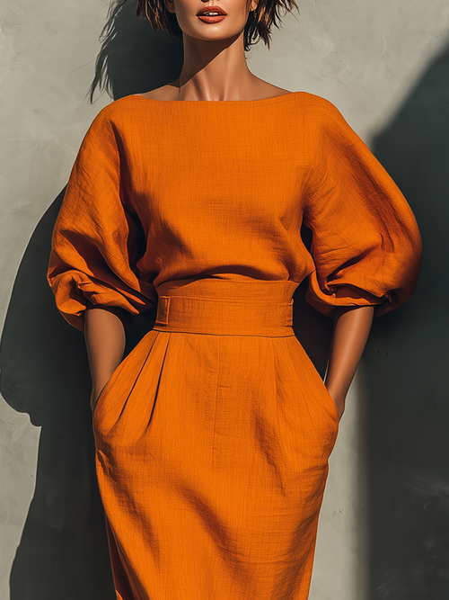 Âmbar | Vestido Midi Laranja com Manga Morcego e Cinto