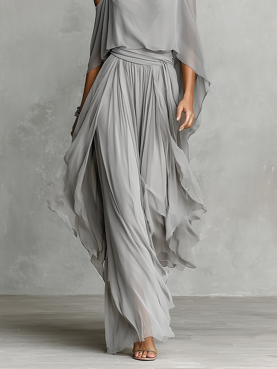 Sinara | Vestido Longo Cinza com Off-Shoulder e Drapeado Fluido