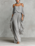 Sinara | Vestido Longo Cinza com Off-Shoulder e Drapeado Fluido
