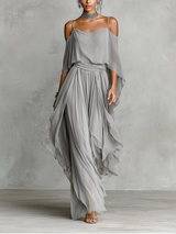 Sinara | Vestido Longo Cinza com Off-Shoulder e Drapeado Fluido