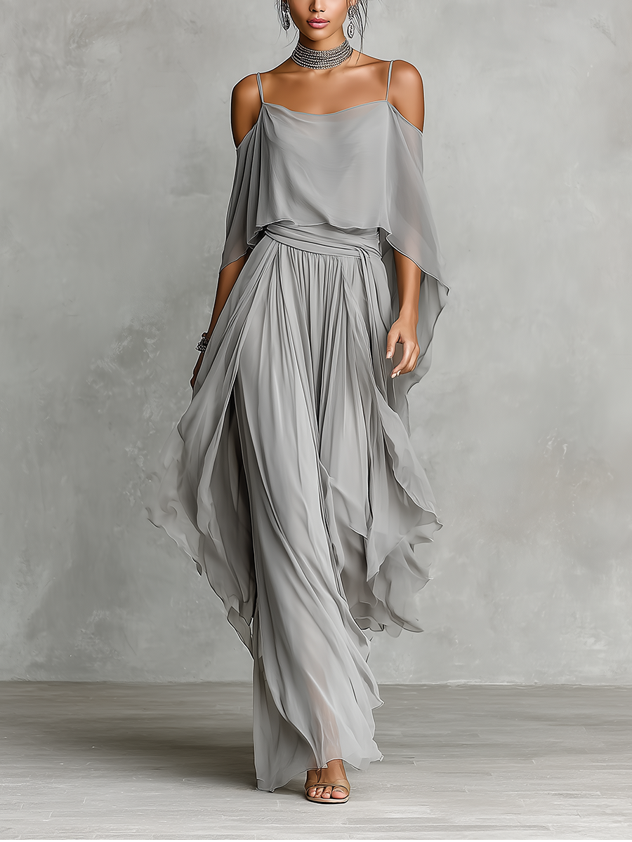 Sinara | Vestido Longo Cinza com Off-Shoulder e Drapeado Fluido
