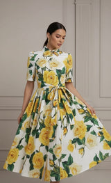 Solange | Vestido Midi Floral Rosa e Amarelo com Cinto