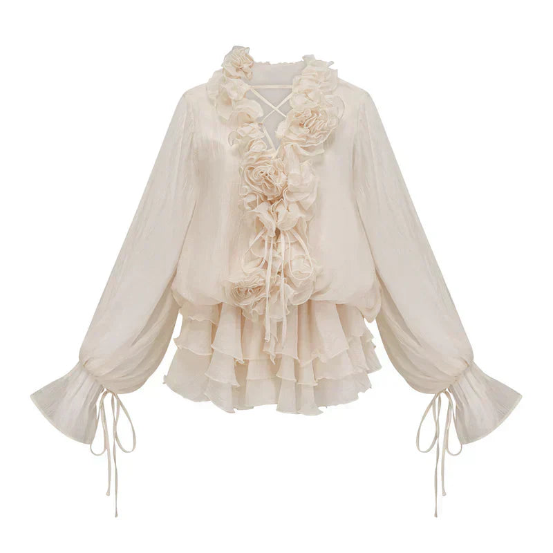 Heloísa | Vestido Curto Off-White com Flores 3D, Decote em V e Babados