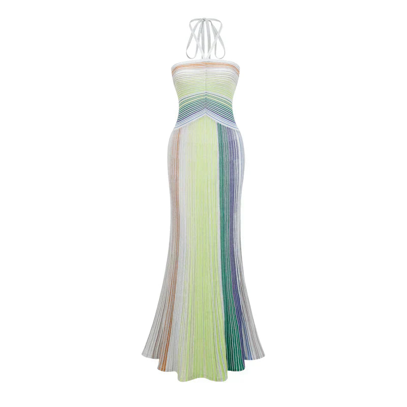 Aurora | Vestido Longo em Blocos de Cor Verde, Branco e Nude