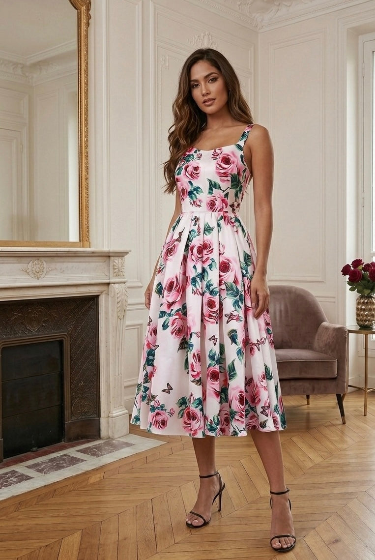 Rosana | Vestido Midi Floral com Saia Volumosa e Decote Coração