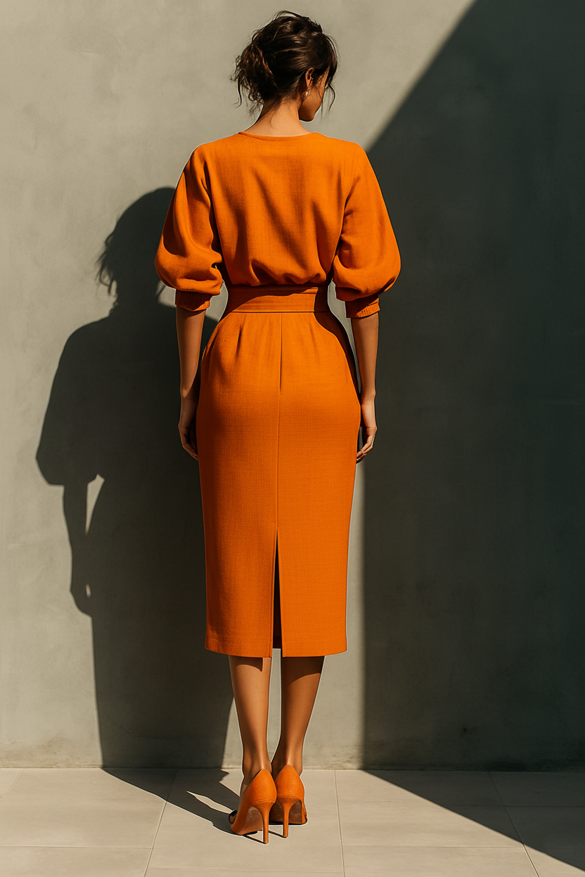 Âmbar | Vestido Midi Laranja com Manga Morcego e Cinto