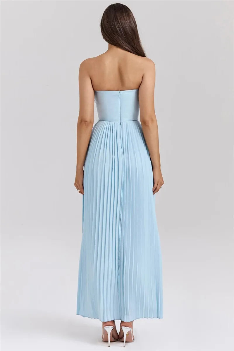 Celeste | Vestido Longo Azul Celeste com Espartilho e Saia Plissada