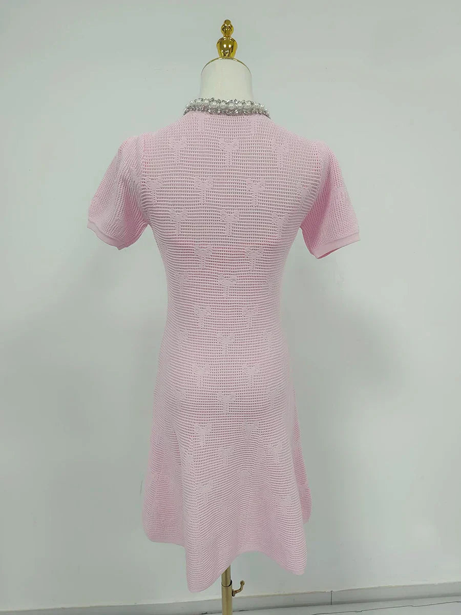 Pérola | Conjunto em Tricô Vazado Rosa com Cristais e Pérolas