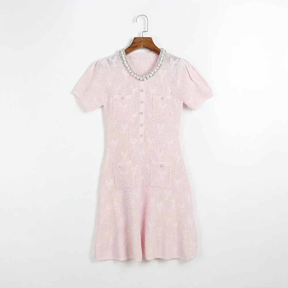 Pérola | Conjunto em Tricô Vazado Rosa com Cristais e Pérolas