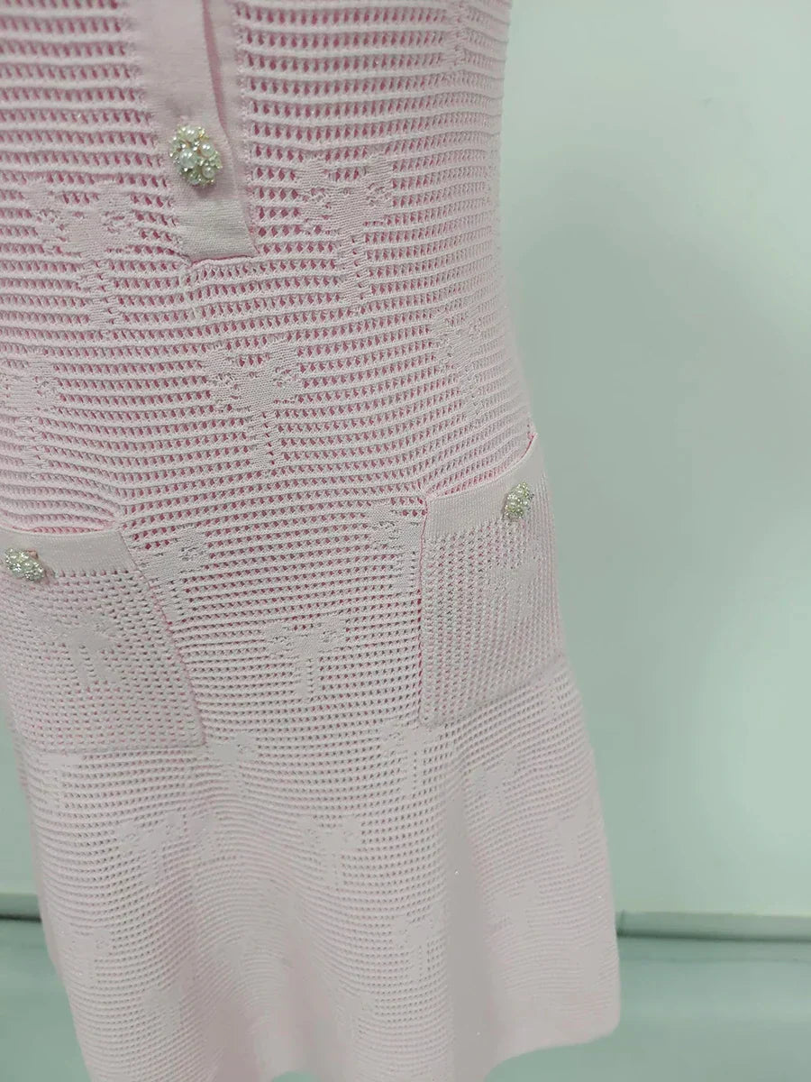Pérola | Conjunto em Tricô Vazado Rosa com Cristais e Pérolas