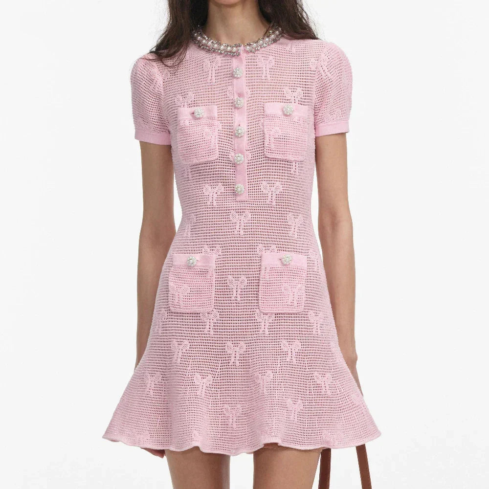 Pérola | Conjunto em Tricô Vazado Rosa com Cristais e Pérolas