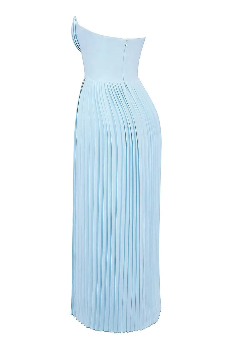Celeste | Vestido Longo Azul Celeste com Espartilho e Saia Plissada