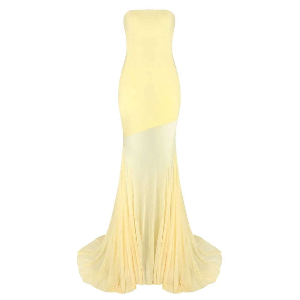 Baunilha | Vestido Maxi Amarelo com Corpete Estruturado e Saia Fluida