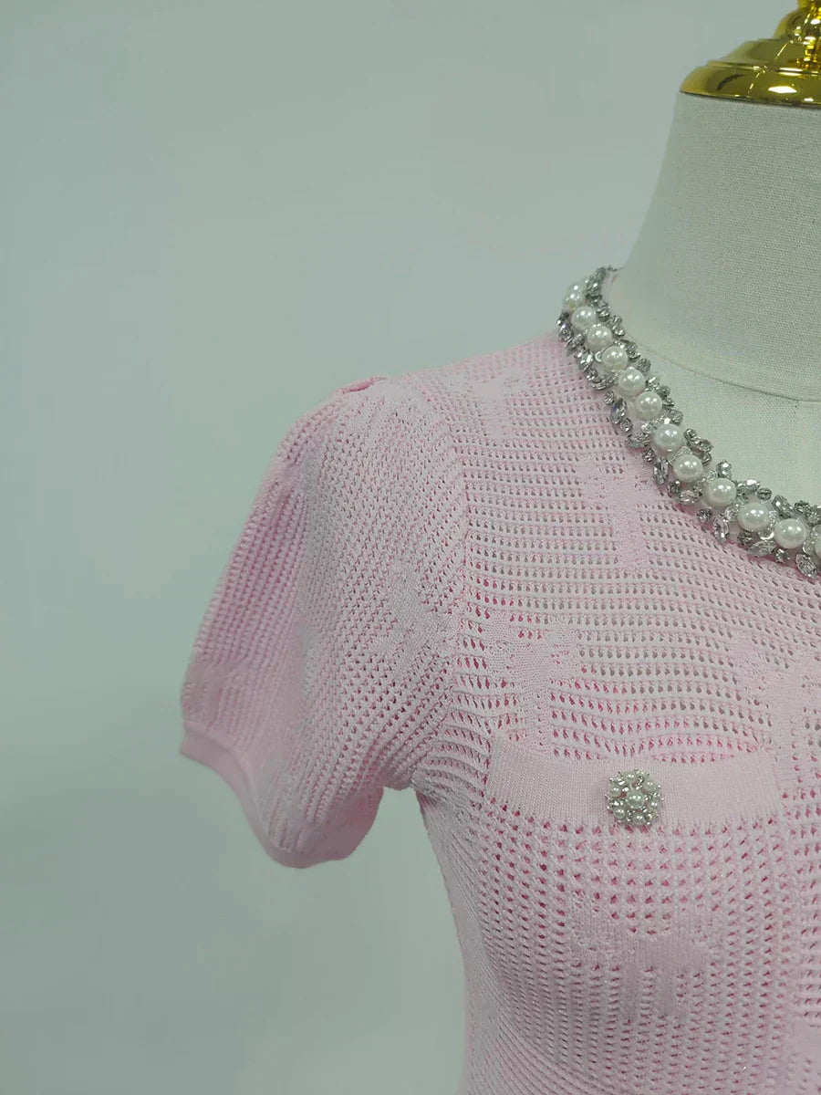 Pérola | Conjunto em Tricô Vazado Rosa com Cristais e Pérolas