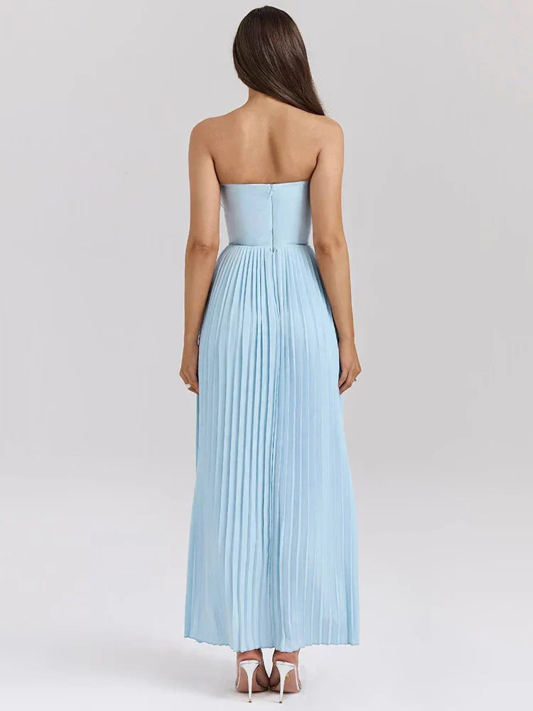 Celeste | Vestido Longo Azul Celeste com Espartilho e Saia Plissada