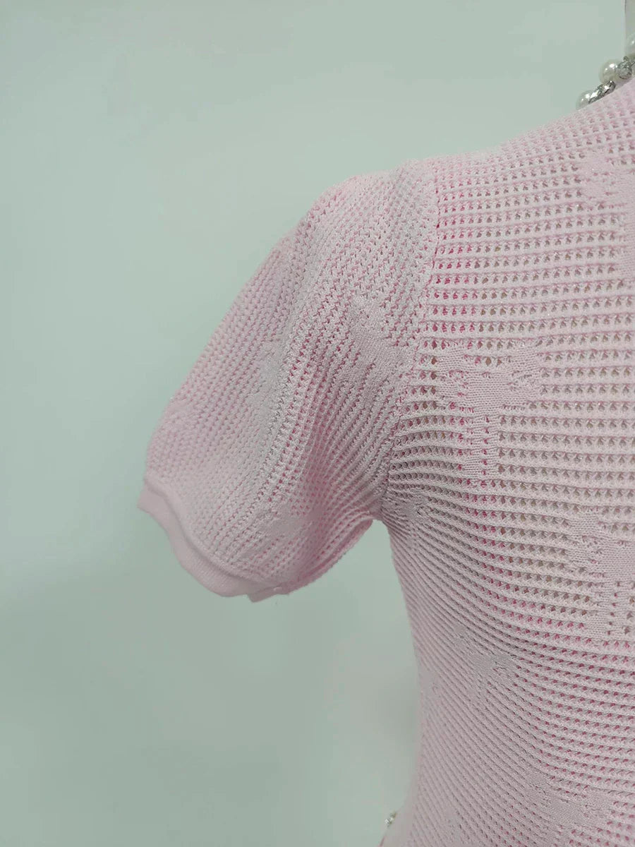 Pérola | Conjunto em Tricô Vazado Rosa com Cristais e Pérolas