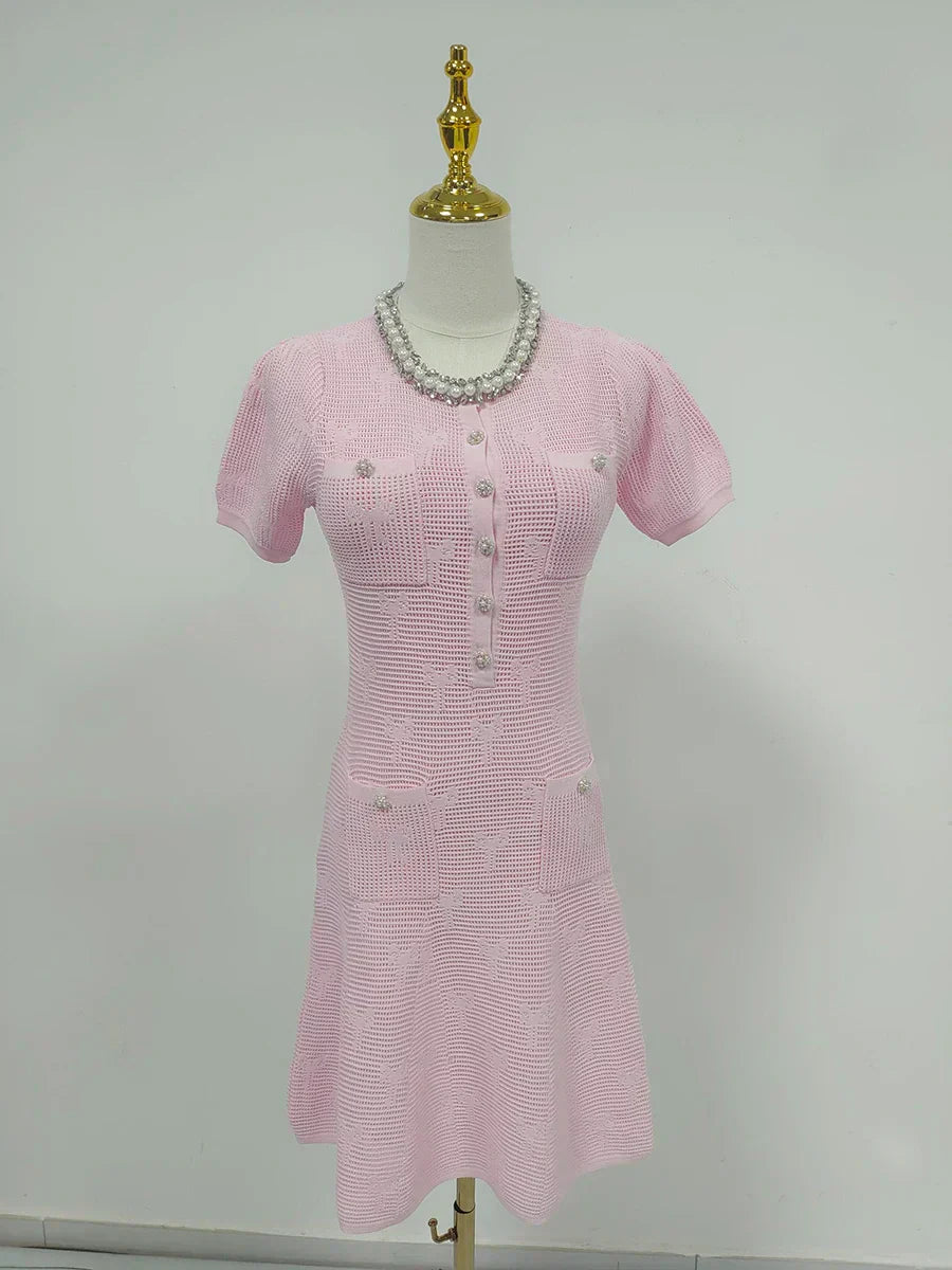 Pérola | Conjunto em Tricô Vazado Rosa com Cristais e Pérolas