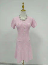 Pérola | Conjunto em Tricô Vazado Rosa com Cristais e Pérolas