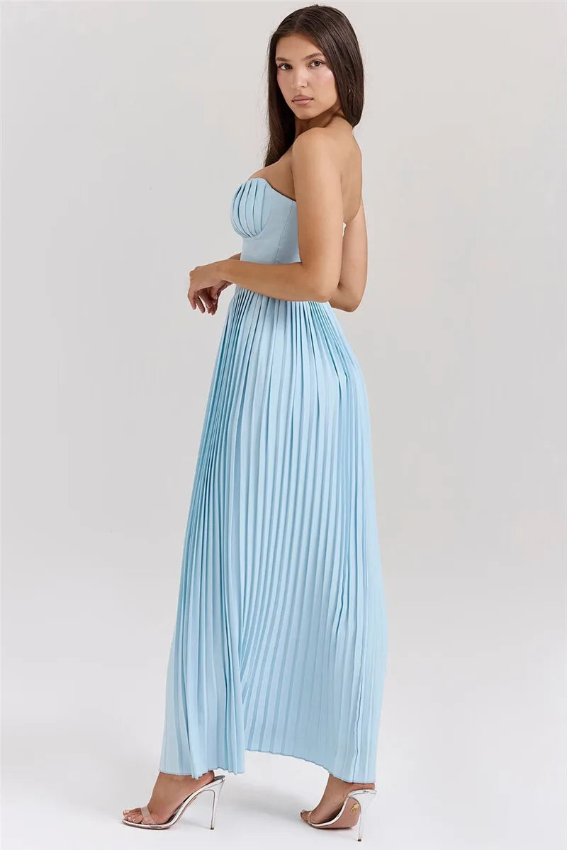 Celeste | Vestido Longo Azul Celeste com Espartilho e Saia Plissada