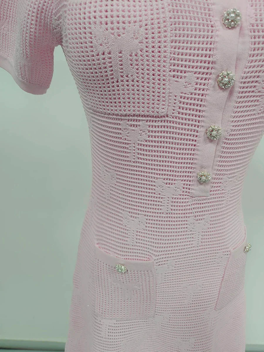 Pérola | Conjunto em Tricô Vazado Rosa com Cristais e Pérolas